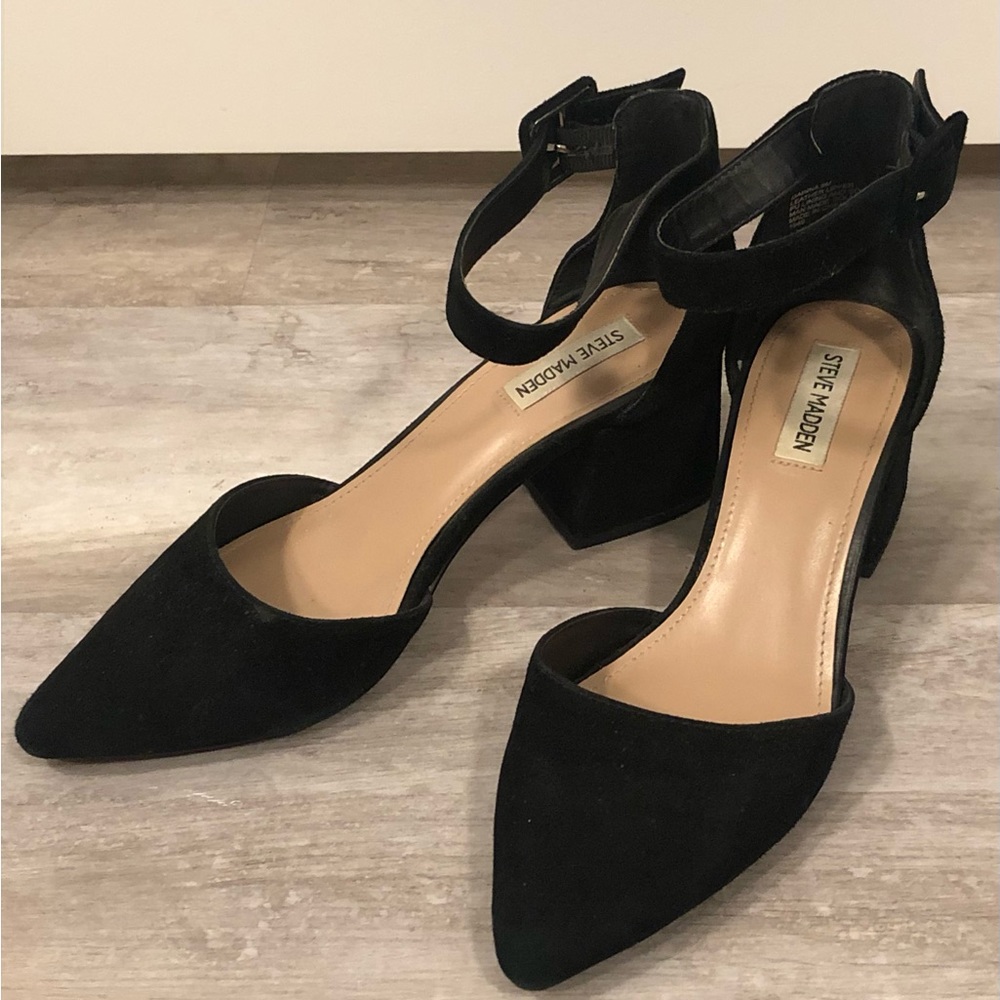 Steve Madden Dainna Black Suede Ankle Strap Low Block Heel